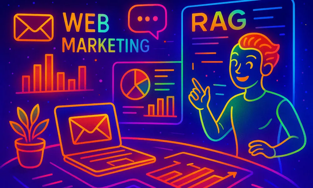 Description de l’image L’image illustre la synergie entre l’IA générative et les systèmes de récupération de données (RAG) dans un contexte marketing. Elle représente visuellement le flux d’informations internes (CRM, ERP, analytics) vers une intelligence artificielle capable de générer du contenu personnalisé. Le design est épuré, avec des éléments graphiques évoquant la technologie, la créativité algorithmique et la stratégie digitale. Les couleurs dominantes sont le bleu et le blanc, renforçant l’identité visuelle de Colibase BI.